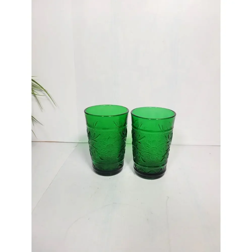 Vintage Anchor Hocking Forest Green Sandwich Glass Juice Water Tumbler Set of 2